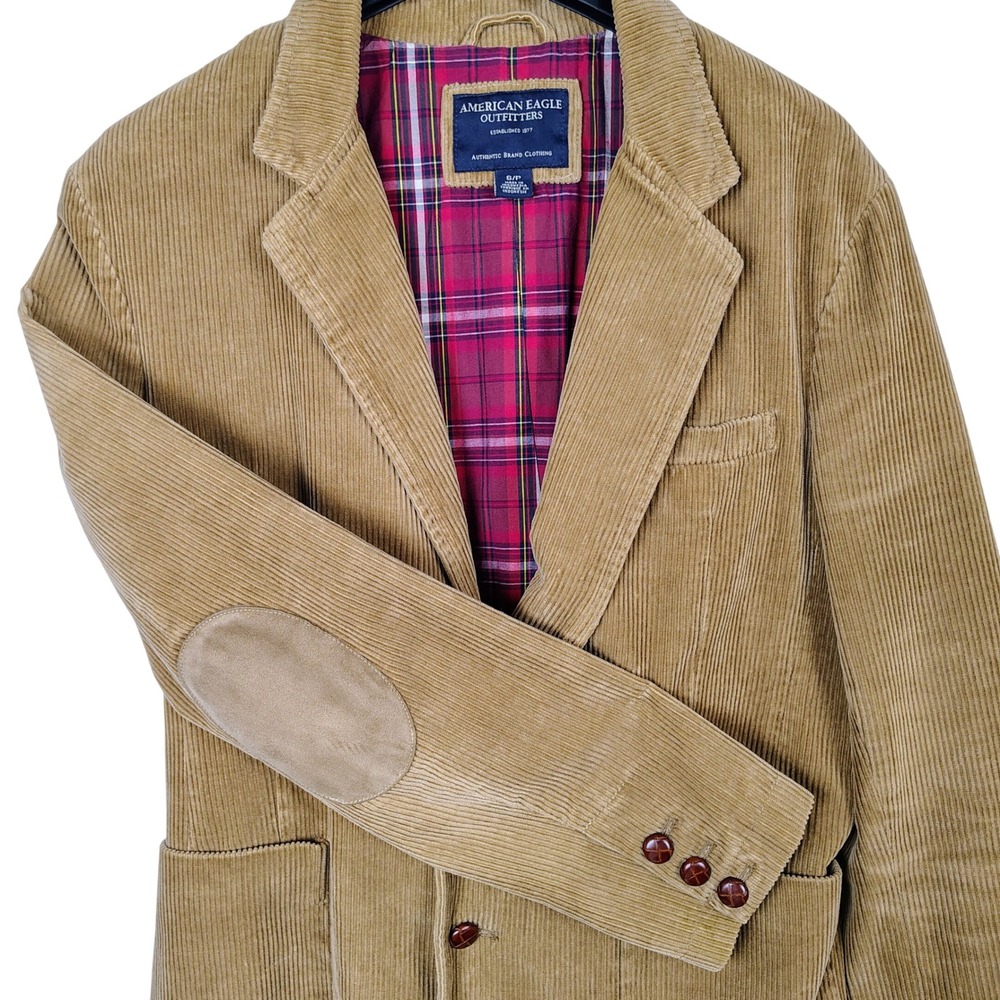 American Eagle Tan Corduroy Blazer Jacket Elbow Patches Plaid Lining Mens Small